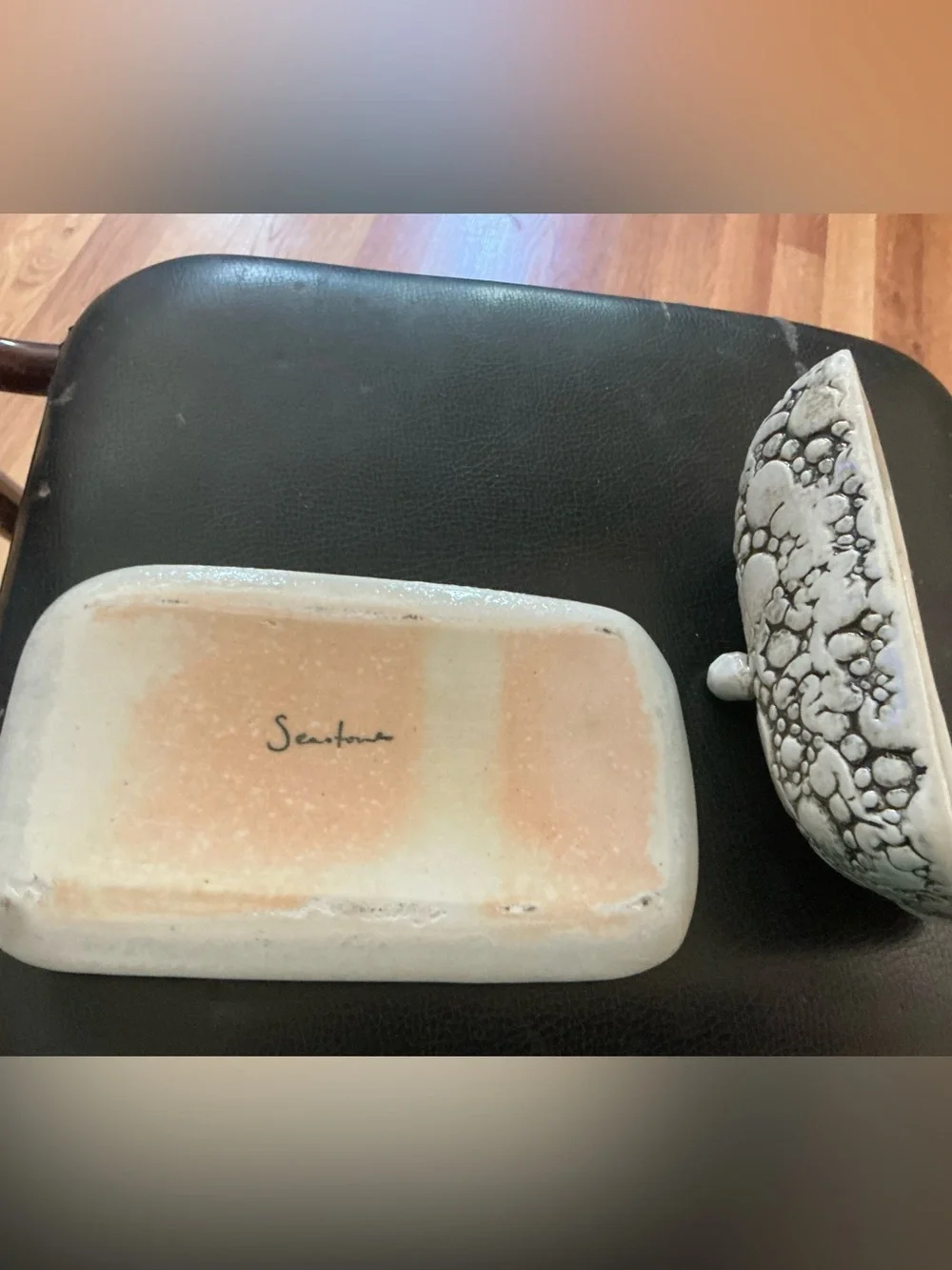 Seastone ceramics bump surface Butter Dish in cream and black From Hawaii